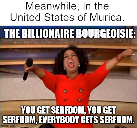 smh |  Meanwhile, in the United States of Murica. THE BILLIONAIRE BOURGEOISIE:; YOU GET SERFDOM, YOU GET SERFDOM, EVERYBODY GETS SERFDOM. | image tagged in memes,oprah you get a | made w/ Imgflip meme maker