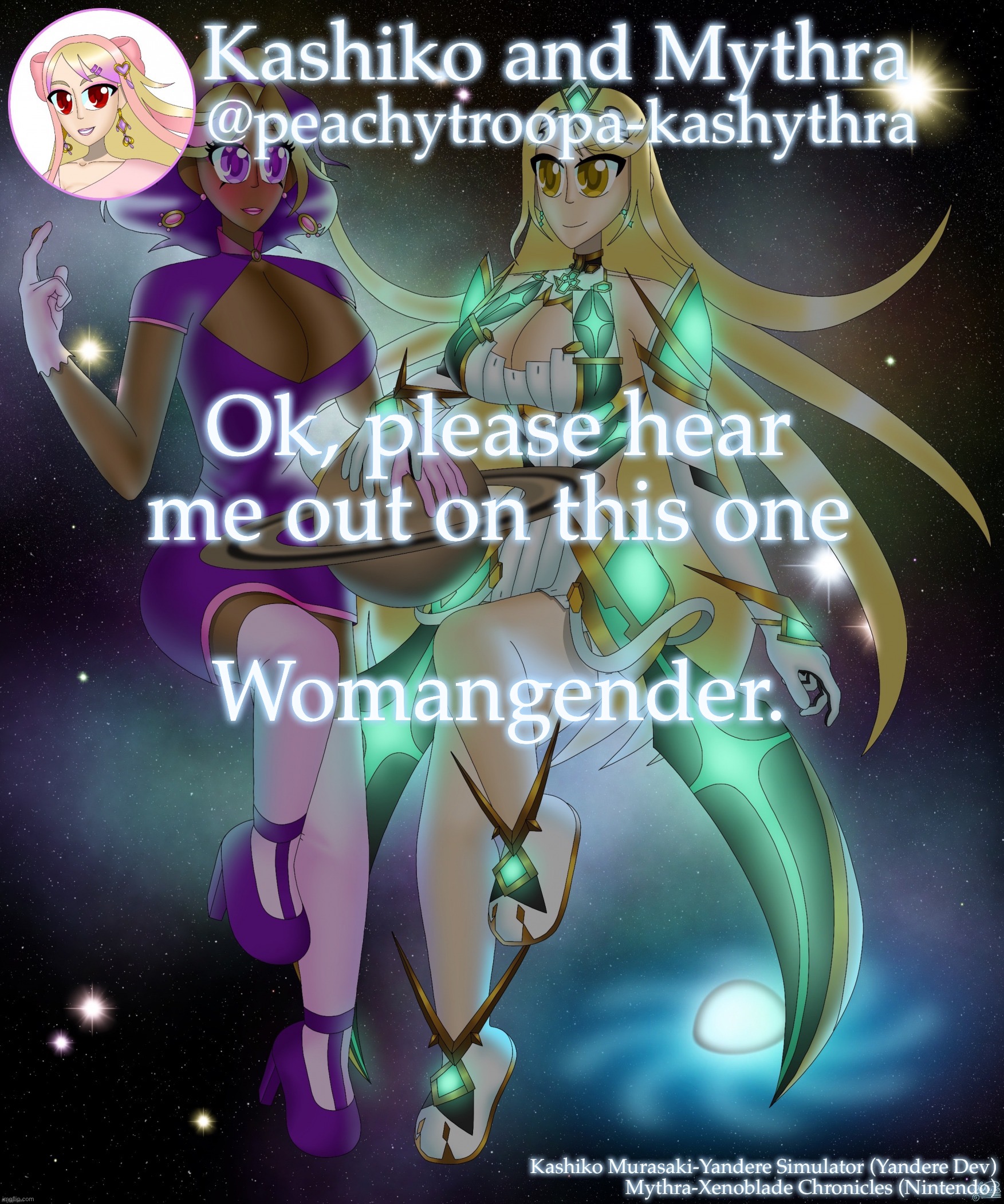 Kashiko Murasaki and Mythra | Ok, please hear me out on this one; Womangender. | image tagged in kashiko murasaki and mythra | made w/ Imgflip meme maker