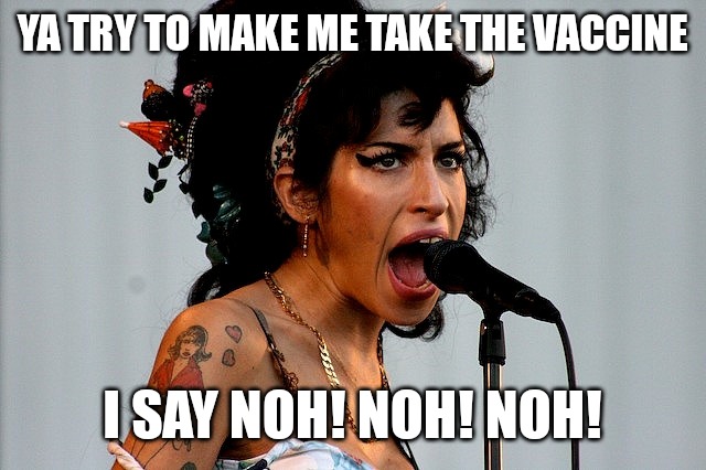 I say no |  YA TRY TO MAKE ME TAKE THE VACCINE; I SAY NOH! NOH! NOH! | image tagged in amy winehouse,covid vaccine,vaccine,covid | made w/ Imgflip meme maker