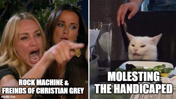Angry lady cat | ROCK MACHINE & FREINDS OF CHRISTIAN GREY; MOLESTING THE HANDICAPED | image tagged in angry lady cat | made w/ Imgflip meme maker
