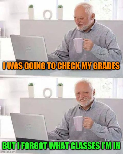 Hide the Pain Harold Meme | I WAS GOING TO CHECK MY GRADES BUT I FORGOT WHAT CLASSES I'M IN | image tagged in memes,hide the pain harold | made w/ Imgflip meme maker
