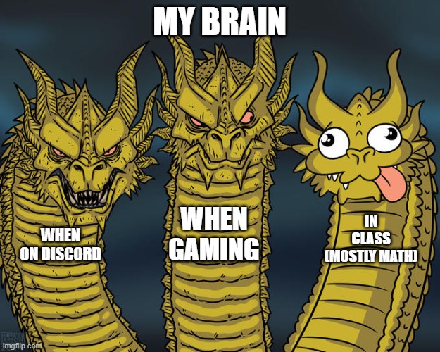 Three-headed Dragon |  MY BRAIN; WHEN GAMING; IN CLASS (MOSTLY MATH); WHEN ON DISCORD | image tagged in three-headed dragon | made w/ Imgflip meme maker