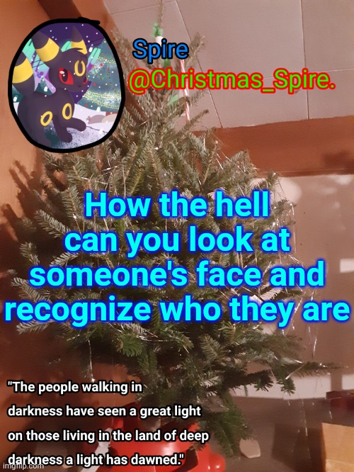 mod note: good question | How the hell can you look at someone's face and recognize who they are | image tagged in spire christmas announcement template | made w/ Imgflip meme maker