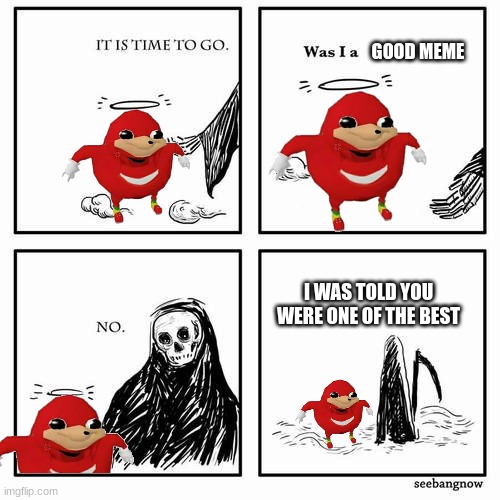 R.I.P ugandan knuckles | GOOD MEME; I WAS TOLD YOU WERE ONE OF THE BEST | image tagged in it is time to go,dead meme | made w/ Imgflip meme maker