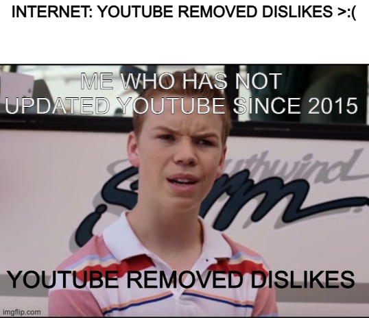 Day 894 of running out of titles | INTERNET: YOUTUBE REMOVED DISLIKES >:(; ME WHO HAS NOT UPDATED YOUTUBE SINCE 2015; YOUTUBE REMOVED DISLIKES | image tagged in you guys are getting paid | made w/ Imgflip meme maker