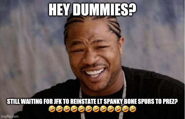 Idiot Trumpies | HEY DUMMIES? STILL WAITING FOR JFK TO REINSTATE LT SPANKY BONE SPURS TO PREZ?
🤣🤣🤣🤣🤣🤣🤣🤣🤣🤣🤣🤣 | image tagged in yo dawg heard you | made w/ Imgflip meme maker