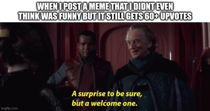 a surprise to be sure | WHEN I POST A MEME THAT I DIDNT EVEN THINK WAS FUNNY BUT IT STILL GETS 60+ UPVOTES | image tagged in a surprise to be sure,upvotes | made w/ Imgflip meme maker
