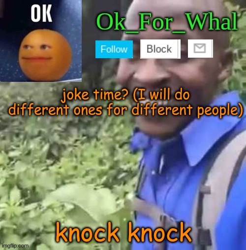 joke time? | joke time? (I will do different ones for different people); knock knock | image tagged in ok_for_what temp | made w/ Imgflip meme maker