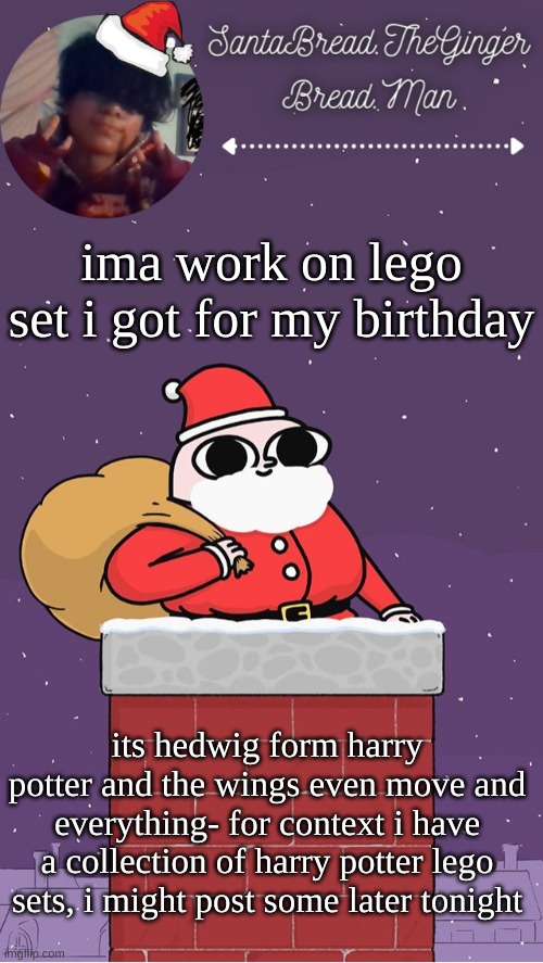 I'll still be on for like five more minutes cause essay but this is just so i can post before my computer locks- | ima work on lego set i got for my birthday; its hedwig form harry potter and the wings even move and everything- for context i have a collection of harry potter lego sets, i might post some later tonight | image tagged in breads face christmas temp | made w/ Imgflip meme maker