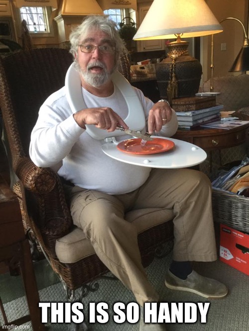 Man with toilet seat as tray table | THIS IS SO HANDY | image tagged in man with toilet seat as tray table | made w/ Imgflip meme maker