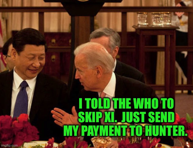 Biden Xi | I TOLD THE WHO TO SKIP XI.  JUST SEND MY PAYMENT TO HUNTER. | image tagged in biden xi | made w/ Imgflip meme maker
