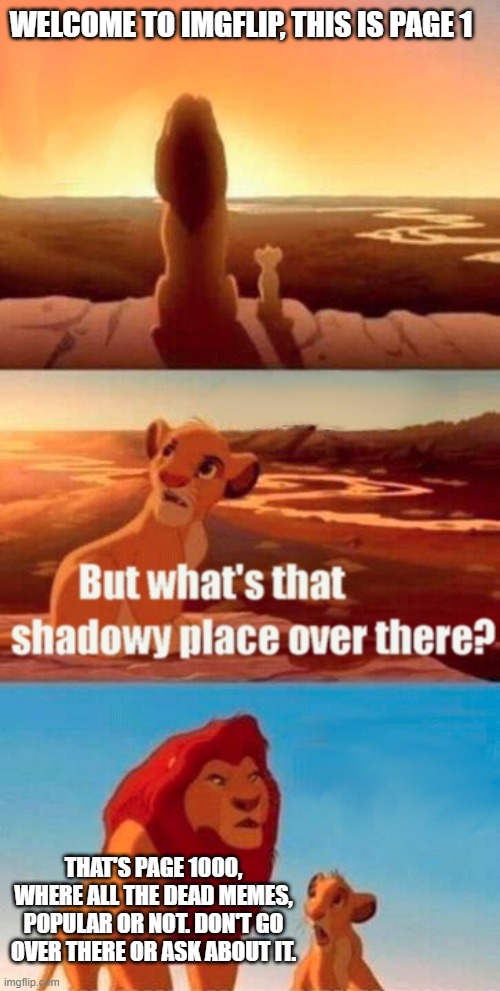 ImgFlip in a nutshell: |  WELCOME TO IMGFLIP, THIS IS PAGE 1; THAT'S PAGE 1000, WHERE ALL THE DEAD MEMES, POPULAR OR NOT. DON'T GO OVER THERE OR ASK ABOUT IT. | image tagged in imgflip,memes,funny,fun,simba shadowy place | made w/ Imgflip meme maker