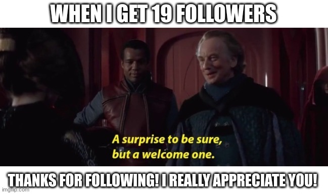 i appreciate that you dont hate my memes (TheFestive_Goober: youre a good memer) | WHEN I GET 19 FOLLOWERS; THANKS FOR FOLLOWING! I REALLY APPRECIATE YOU! | image tagged in a surprise to be sure,memes | made w/ Imgflip meme maker