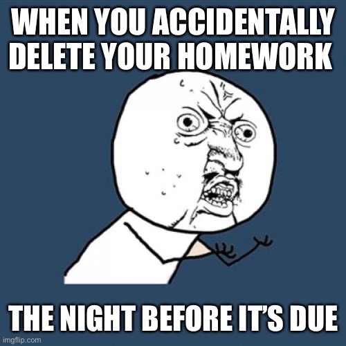 HOMEWORK | WHEN YOU ACCIDENTALLY DELETE YOUR HOMEWORK; THE NIGHT BEFORE IT’S DUE | image tagged in memes,y u no | made w/ Imgflip meme maker
