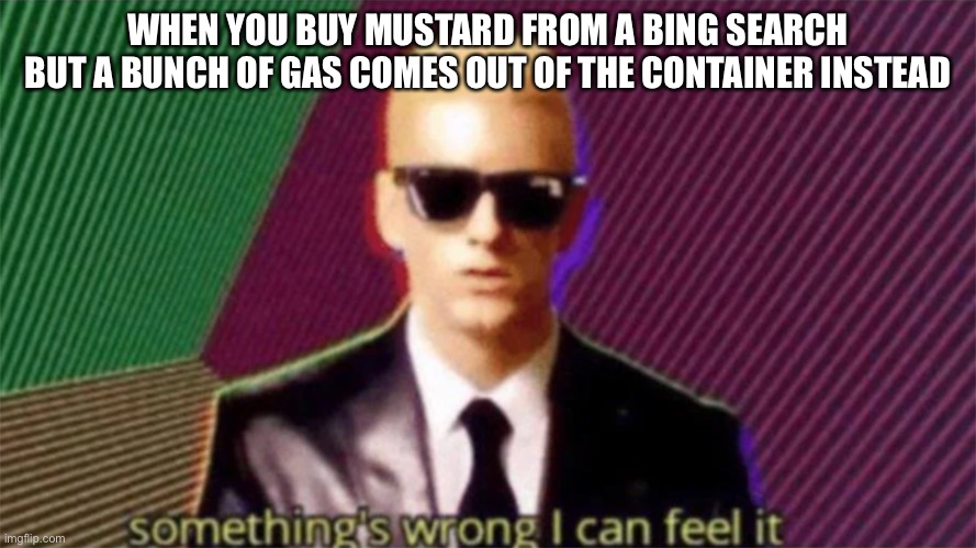 I’ll use google next time ? | WHEN YOU BUY MUSTARD FROM A BING SEARCH BUT A BUNCH OF GAS COMES OUT OF THE CONTAINER INSTEAD | image tagged in something's wrong i can feel it | made w/ Imgflip meme maker