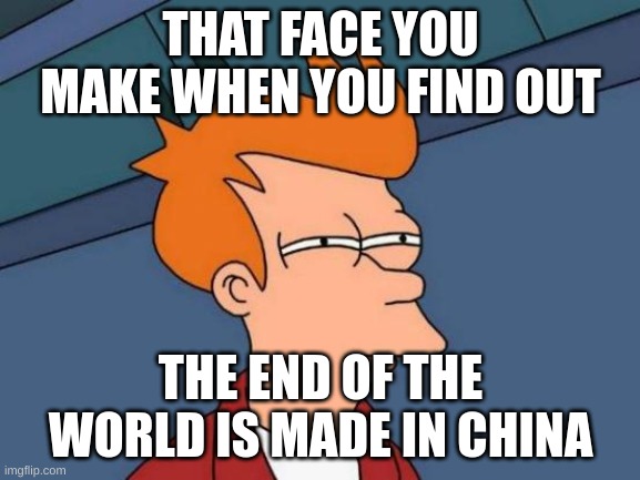 Futurama Fry | THAT FACE YOU MAKE WHEN YOU FIND OUT; THE END OF THE WORLD IS MADE IN CHINA | image tagged in memes,futurama fry | made w/ Imgflip meme maker