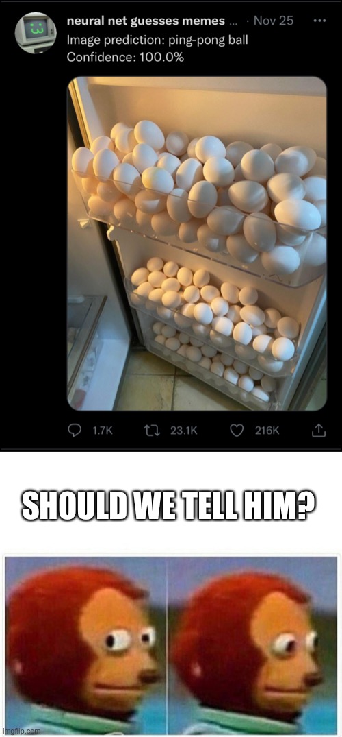 those aren’t ping pong balls | SHOULD WE TELL HIM? | image tagged in memes,monkey puppet,twitter | made w/ Imgflip meme maker