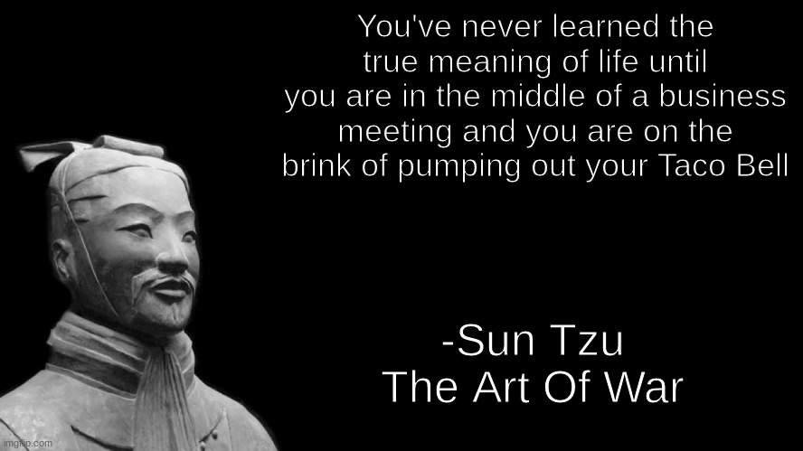 Wise Quote | You've never learned the true meaning of life until you are in the middle of a business meeting and you are on the brink of pumping out your Taco Bell; -Sun Tzu
The Art Of War | image tagged in sun tzu,memes,lol,funny,stop,oh wow are you actually reading these tags | made w/ Imgflip meme maker