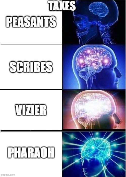 Expanding Brain Meme | TAXES; PEASANTS; SCRIBES; VIZIER; PHARAOH | image tagged in memes,expanding brain | made w/ Imgflip meme maker