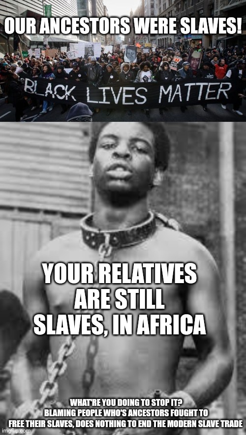 The elephant chained to the corner of the room | OUR ANCESTORS WERE SLAVES! YOUR RELATIVES ARE STILL SLAVES, IN AFRICA; WHAT'RE YOU DOING TO STOP IT?
BLAMING PEOPLE WHO'S ANCESTORS FOUGHT TO
FREE THEIR SLAVES, DOES NOTHING TO END THE MODERN SLAVE TRADE | image tagged in modern problems require modern solutions,slavery,human race,human rights | made w/ Imgflip meme maker