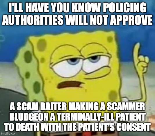 Extreme Online Vigilantism | I'LL HAVE YOU KNOW POLICING AUTHORITIES WILL NOT APPROVE; A SCAM BAITER MAKING A SCAMMER BLUDGEON A TERMINALLY-ILL PATIENT TO DEATH WITH THE PATIENT'S CONSENT | image tagged in memes,i'll have you know spongebob,vigiliante | made w/ Imgflip meme maker