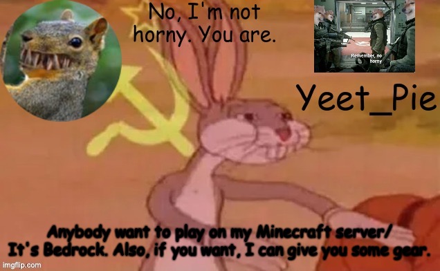 Yeet_Pie | Anybody want to play on my Minecraft server/ It's Bedrock. Also, if you want, I can give you some gear. | image tagged in yeet_pie | made w/ Imgflip meme maker
