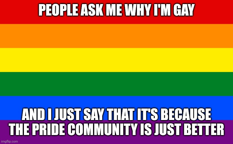 Ignore the haters | PEOPLE ASK ME WHY I'M GAY; AND I JUST SAY THAT IT'S BECAUSE THE PRIDE COMMUNITY IS JUST BETTER | image tagged in pride flag | made w/ Imgflip meme maker