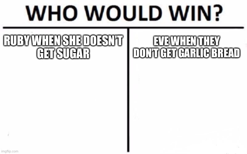 Who Would Win? | RUBY WHEN SHE DOESN’T
GET SUGAR; EVE WHEN THEY DON’T GET GARLIC BREAD | image tagged in memes,who would win | made w/ Imgflip meme maker