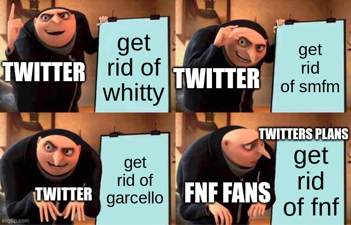 this will happen soon | get rid of whitty; get rid of smfm; TWITTER; TWITTER; TWITTERS PLANS; get rid of garcello; get rid of fnf; FNF FANS; TWITTER | image tagged in memes,gru's plan | made w/ Imgflip meme maker