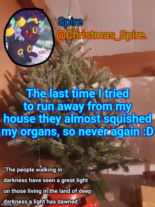 Spire Christmas announcement template | The last time I tried to run away from my house they almost squished my organs, so never again :D | image tagged in spire christmas announcement template | made w/ Imgflip meme maker