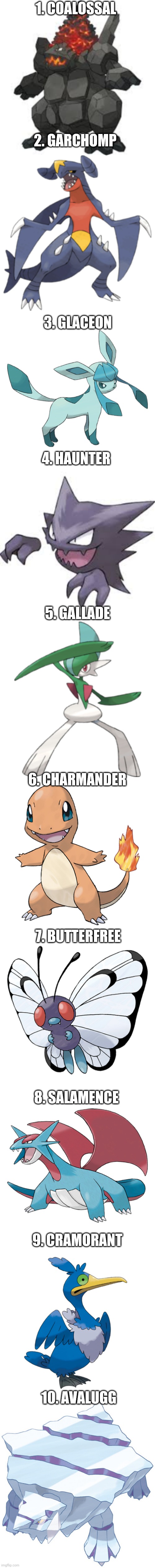 Favourite Pokemon | 1. COALOSSAL; 2. GARCHOMP; 3. GLACEON; 4. HAUNTER; 5. GALLADE; 6. CHARMANDER; 7. BUTTERFREE; 8. SALAMENCE; 9. CRAMORANT; 10. AVALUGG | made w/ Imgflip meme maker