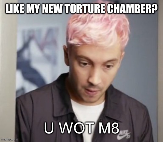 Tyler Joseph u wot m8 | LIKE MY NEW TORTURE CHAMBER? | image tagged in tyler joseph u wot m8 | made w/ Imgflip meme maker