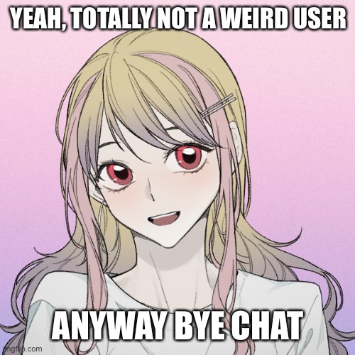 peachytroopa’s new picrew | YEAH, TOTALLY NOT A WEIRD USER; ANYWAY BYE CHAT | image tagged in peachytroopa s new picrew | made w/ Imgflip meme maker