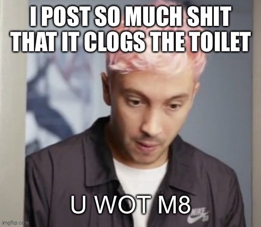 Tyler Joseph u wot m8 | I POST SO MUCH SHIT THAT IT CLOGS THE TOILET | image tagged in tyler joseph u wot m8 | made w/ Imgflip meme maker