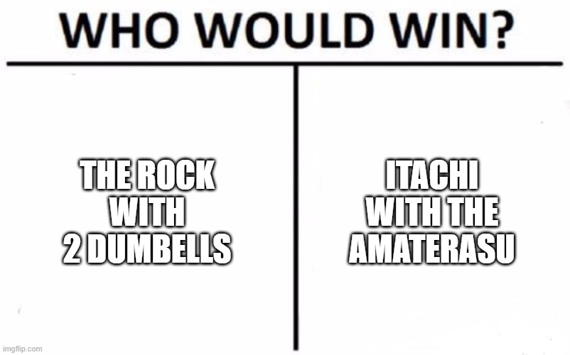 The never ending fight | THE ROCK WITH 2 DUMBELLS; ITACHI WITH THE AMATERASU | image tagged in memes,who would win | made w/ Imgflip meme maker