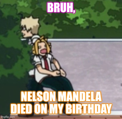 Not same year | BRUH, NELSON MANDELA DIED ON MY BIRTHDAY | image tagged in denki pulled into bush | made w/ Imgflip meme maker