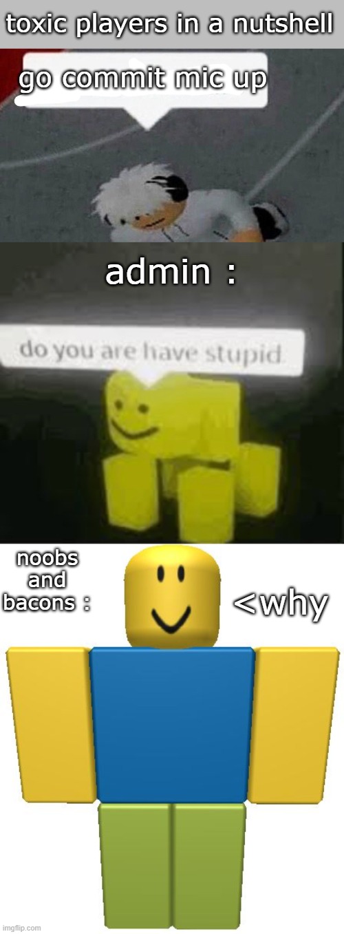 toxic players in a nutshell | toxic players in a nutshell; go commit mic up; admin :; noobs and bacons :; <why | image tagged in go commit x,do you are have stupid,roblox noob | made w/ Imgflip meme maker