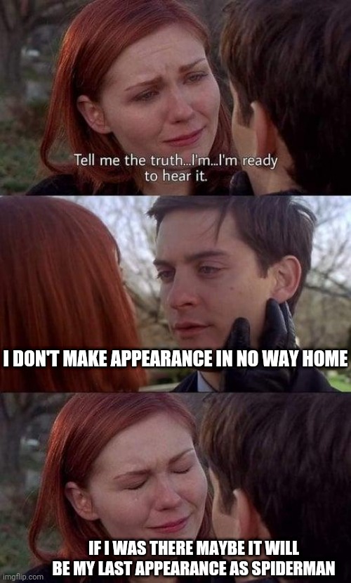 Bad Ending Spiderman No Way Home | I DON'T MAKE APPEARANCE IN NO WAY HOME; IF I WAS THERE MAYBE IT WILL BE MY LAST APPEARANCE AS SPIDERMAN | image tagged in peter parker and mary jane | made w/ Imgflip meme maker