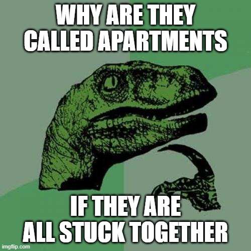 apartment meme | WHY ARE THEY CALLED APARTMENTS; IF THEY ARE ALL STUCK TOGETHER | image tagged in memes,philosoraptor | made w/ Imgflip meme maker