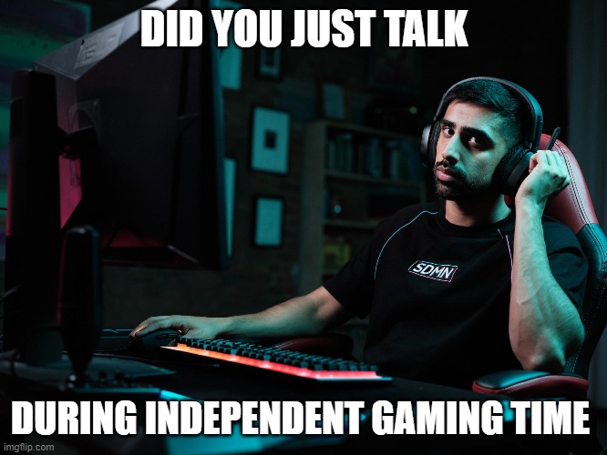 DID YOU JUST TALK; DURING INDEPENDENT GAMING TIME | image tagged in memes in real life | made w/ Imgflip meme maker