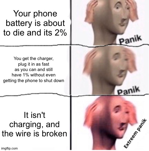 Welp, thats my case | Your phone battery is about to die and its 2%; You get the charger, plug it in as fast as you can and still have 1% without even getting the phone to shut down; It isn't charging, and the wire is broken | made w/ Imgflip meme maker