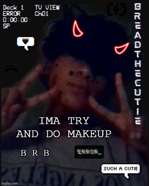 :P | IMA TRY AND DO MAKEUP; B R B | image tagged in bread's face temp | made w/ Imgflip meme maker