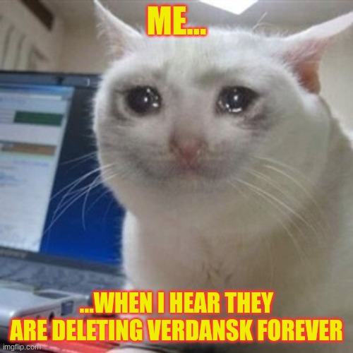 warzone sad kitty | ME... ...WHEN I HEAR THEY ARE DELETING VERDANSK FOREVER | image tagged in crying cat,warzone,cod,call of duty | made w/ Imgflip meme maker