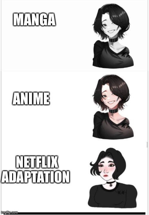 True, true | MANGA; ANIME; NETFLIX ADAPTATION | image tagged in manga anime netflix adaption,true | made w/ Imgflip meme maker