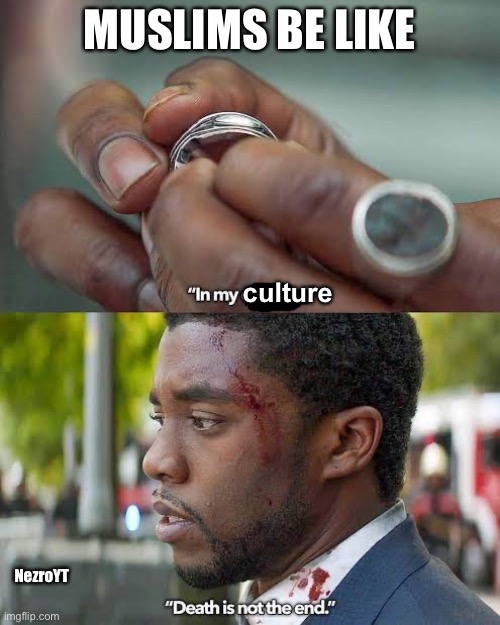 Black Panther Death is not the End | MUSLIMS BE LIKE; culture; NezroYT | image tagged in black panther death is not the end,muslim,death | made w/ Imgflip meme maker