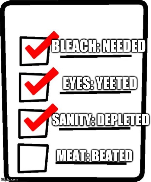 Long Checklist | BLEACH: NEEDED MEAT: BEATED EYES: YEETED SANITY: DEPLETED | image tagged in long checklist | made w/ Imgflip meme maker