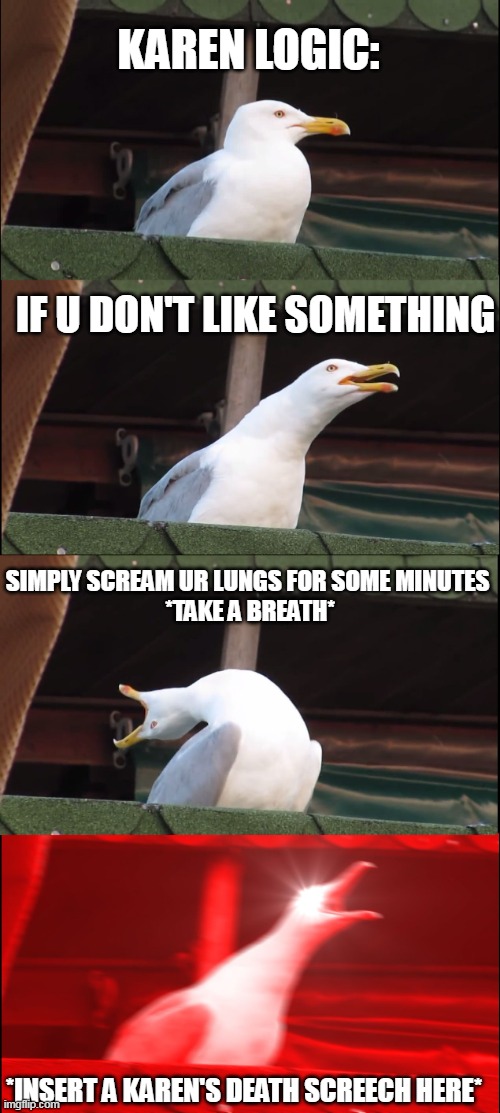 Karen’s death screech | KAREN LOGIC:; IF U DON'T LIKE SOMETHING; SIMPLY SCREAM UR LUNGS FOR SOME MINUTES 
*TAKE A BREATH*; *INSERT A KAREN'S DEATH SCREECH HERE* | image tagged in memes,inhaling seagull,karens,seagull,logic,true | made w/ Imgflip meme maker