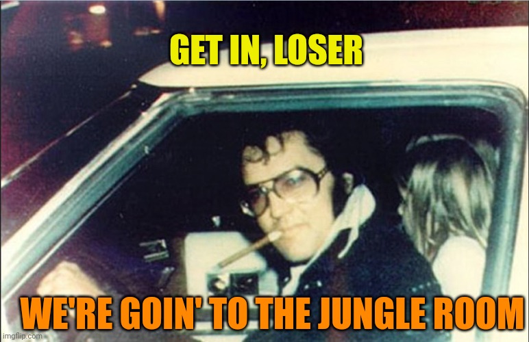 Elvis Presley | GET IN, LOSER; WE'RE GOIN' TO THE JUNGLE ROOM | image tagged in get in loser | made w/ Imgflip meme maker