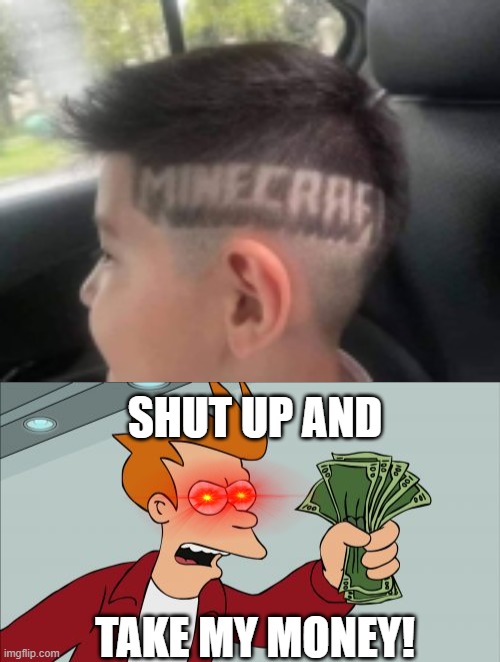 Minecraft haircut | SHUT UP AND; TAKE MY MONEY! | image tagged in memes,shut up and take my money fry | made w/ Imgflip meme maker