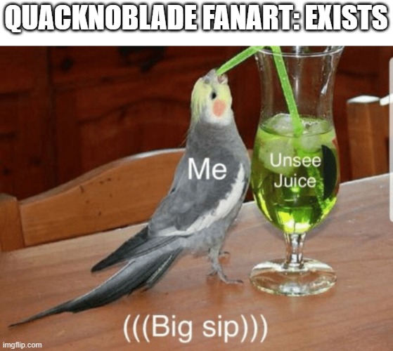 WHYYYY DOES QUACKNOLADE EXISSTTTTT | QUACKNOBLADE FANART: EXISTS | image tagged in unsee juice | made w/ Imgflip meme maker